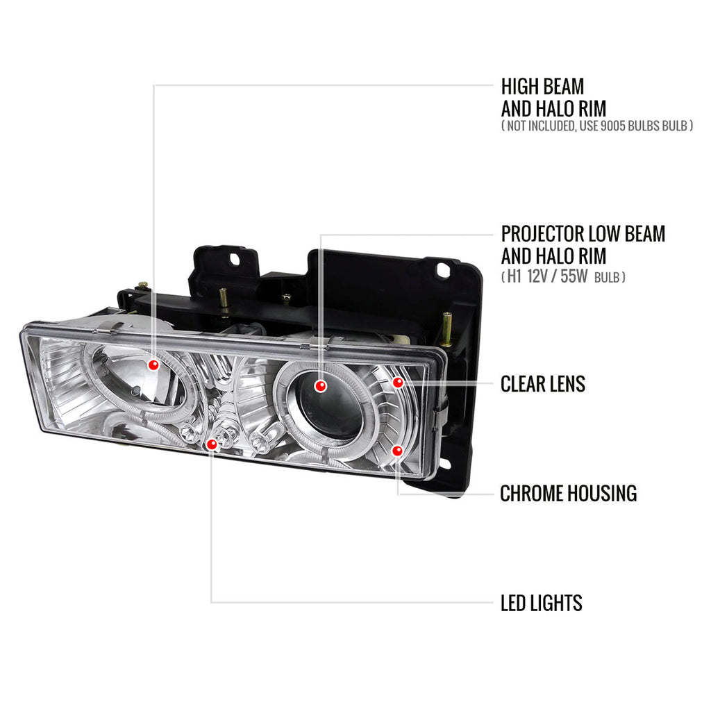 1988-1999 Chevrolet  C/K C10/Blazer/Tahoe/Yukon/Sierra/Silverado Dual Halo Projector Headlights (Chrome Housing/Clear Lens)