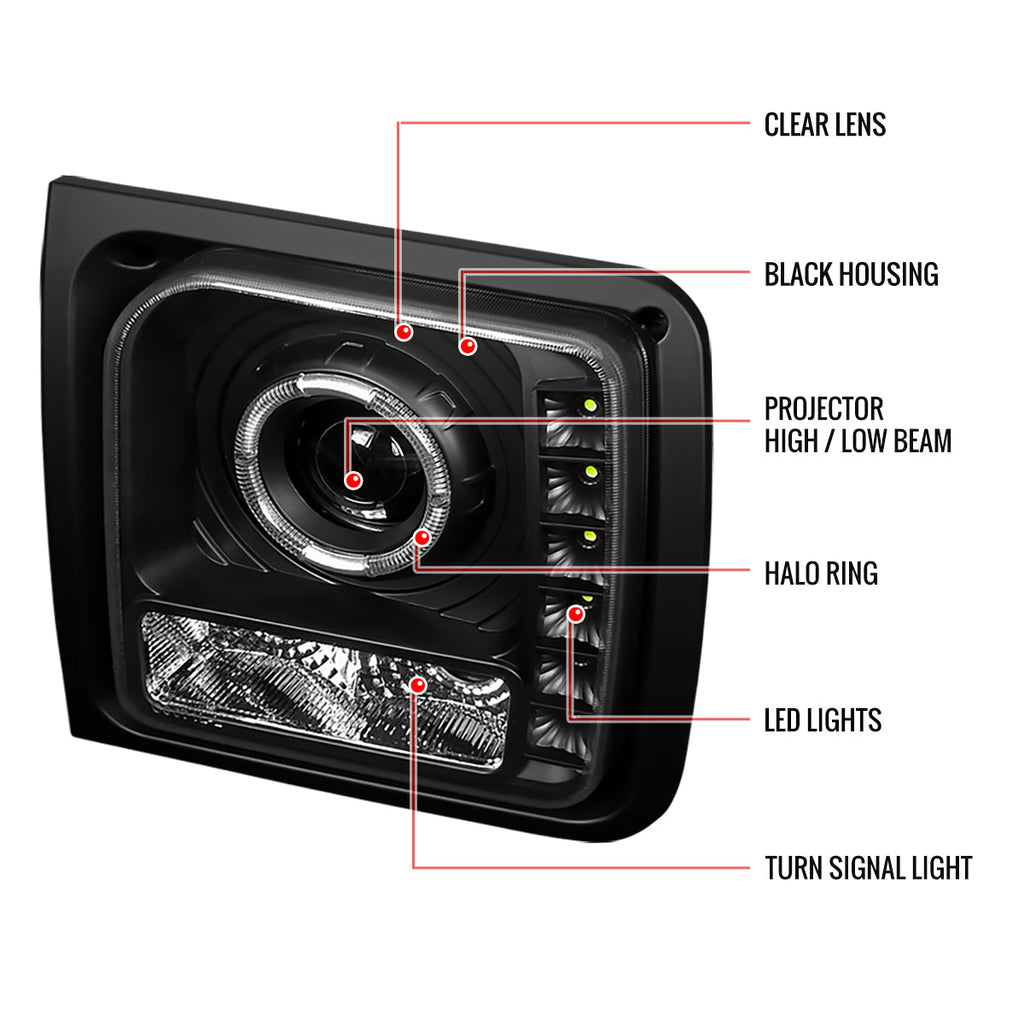 1997-2001 Jeep Cherokee Halo Projector Headlights w/ SMD LED Light Strip (Matte Black Housing/Clear Lens)