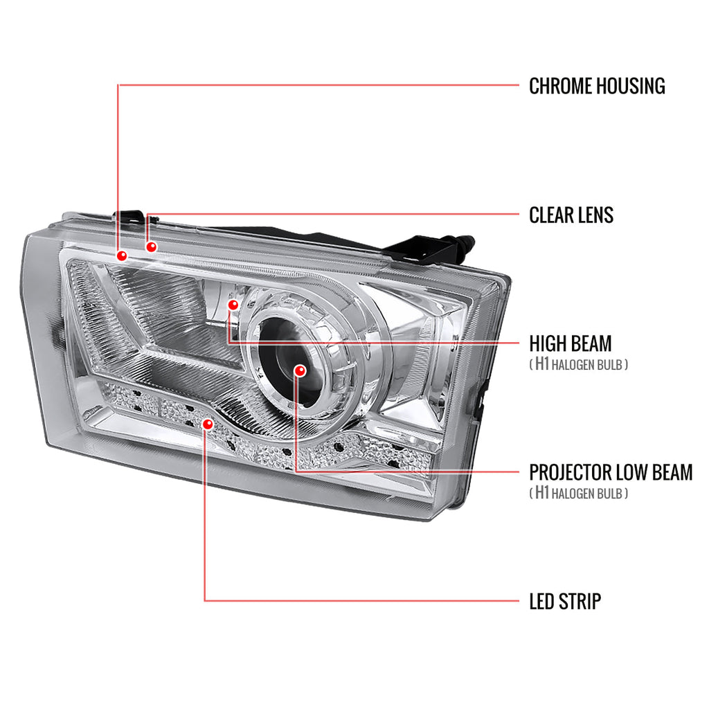 1999-2004 Ford F-250/F-350/F-450/F-550/Excursion Projector Headlights w/ SMD LED Light Strip (Chrome Housing/Clear Lens)