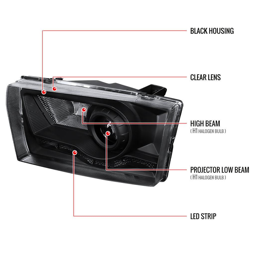 1999-2004 Ford F-250/F-350/F-450/F-550/Excursion Projector Headlights w/ SMD LED Light Strip (Matte Black Housing/Clear Lens)