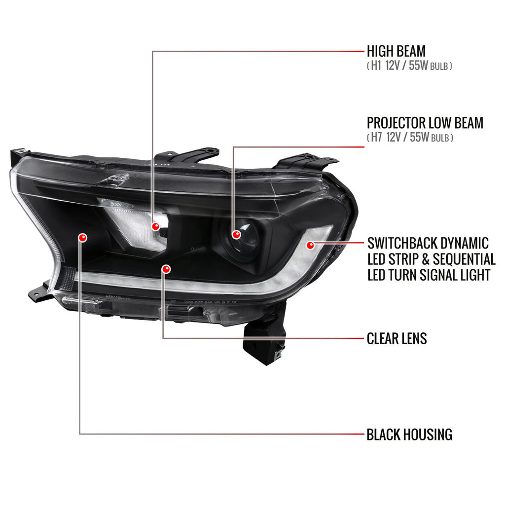 2019-2022 Ford Ranger Switchback Sequential LED Bar Projector Headlights (Matte Black Housing/Clear Lens)
