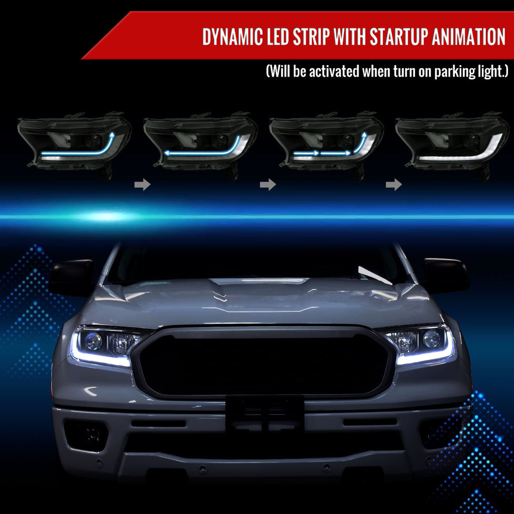 2019-2022 Ford Ranger Switchback Sequential LED Bar Projector Headlights (Matte Black Housing/Smoked Lens)