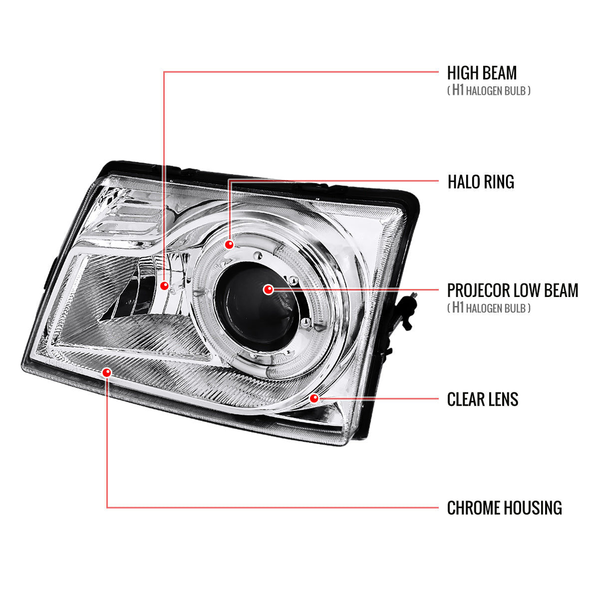 1998-2000 Ford Ranger Halo Projector Headlights (Chrome Housing/Clear Lens)