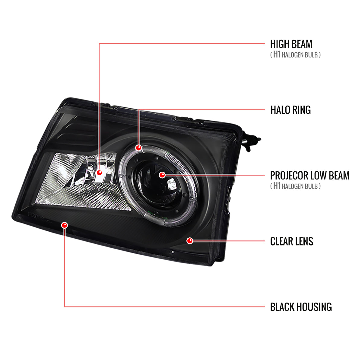 1998-2000 Ford Ranger Halo Projector Headlights (Matte Black Housing/Clear Lens)