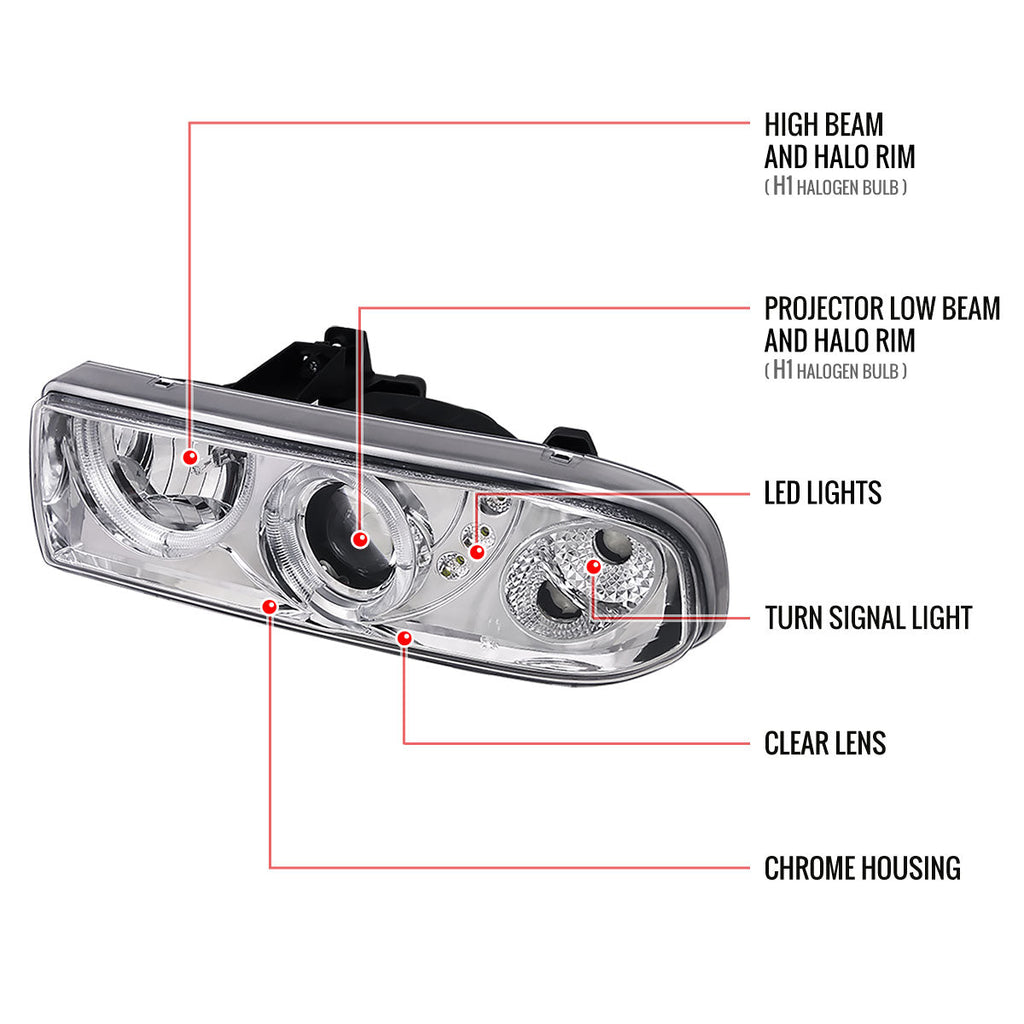 1998-2004 Chevrolet S10 Dual Halo Projector Headlights (Chrome Housing/Clear Lens)