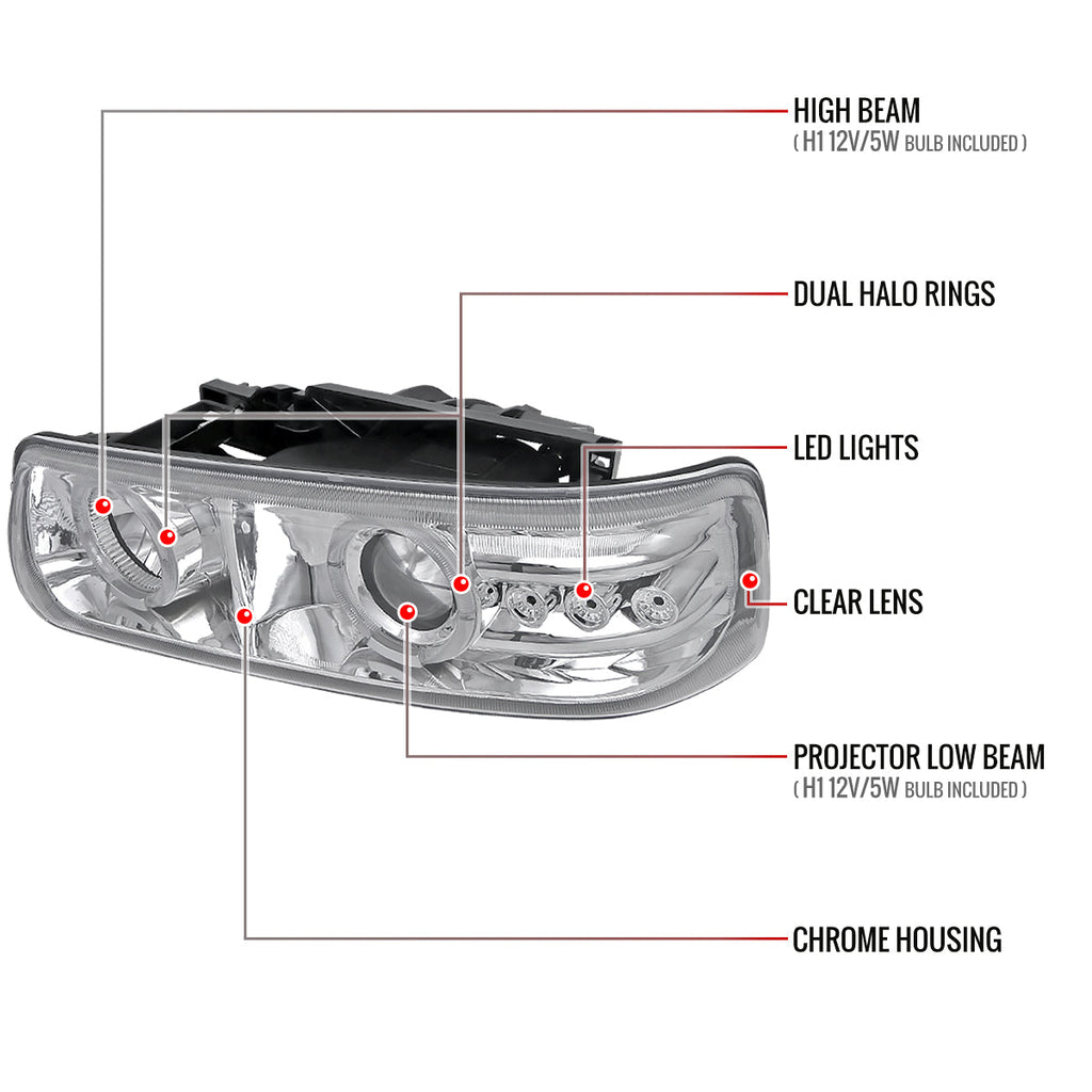1999-2002 Chevrolet Silverado/ 2000-2006 Tahoe Suburban Dual Halo Projector Headlights (Chrome Housing/Clear Lens)