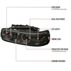 1999-2002 Chevrolet Silverado/ 2000-2006 Tahoe Suburban Dual Halo Projector Headlights (Chrome Housing/Smoked Lens)
