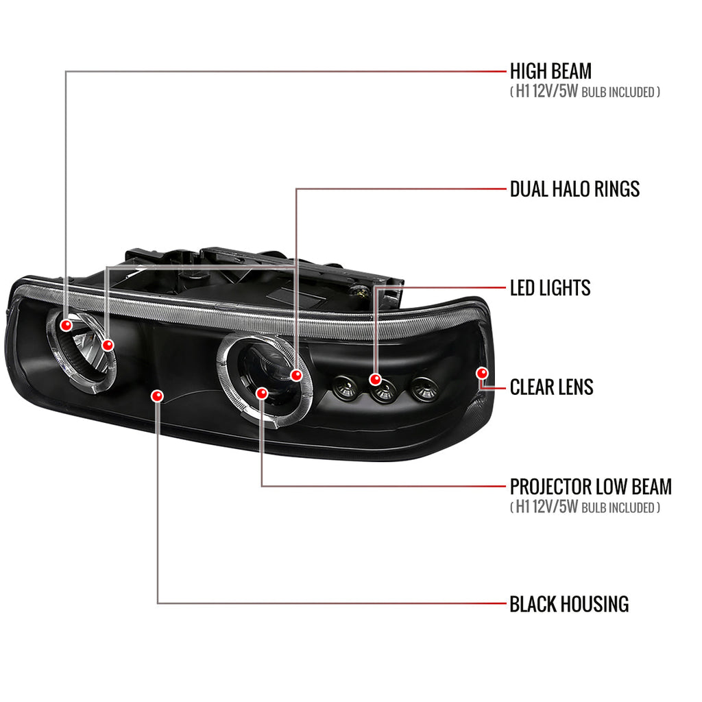 1999-2002 Chevrolet Silverado/ 2000-2006 Tahoe Suburban Dual Halo Projector Headlights (Matte Black Housing/Clear Lens)
