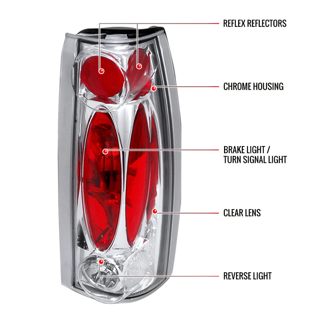 1988-2000 Chevrolet C/K C10/Silverado/Tahoe/Suburban GMC Sierra/Jimmy/Yukon Tail Lights (Chrome Housing/Clear Lens)
