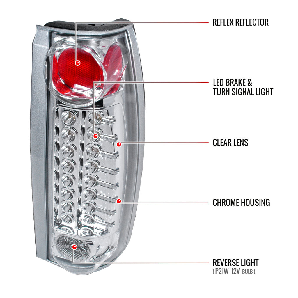 1988-2000 Chevrolet C/K C10/Silverado/Tahoe/Suburban GMC Sierra/Jimmy/Yukon LED Tail Lights (Chrome Housing/Clear Lens)