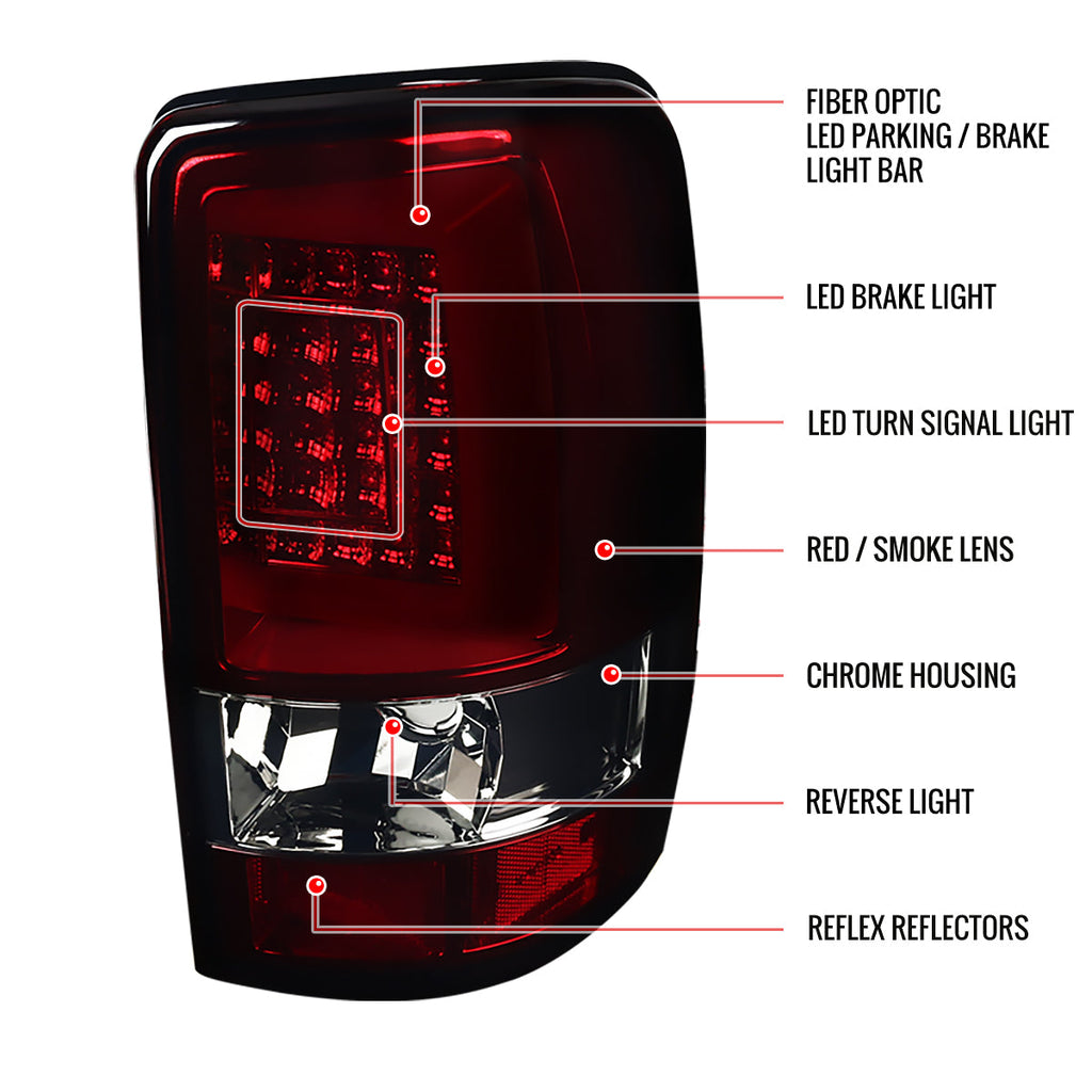 2000-2006 Chevrolet Suburban/Tahoe GMC Yukon/Yukon XL LED C Bar Tail Lights (Chrome Housing/Red Smoked Lens)