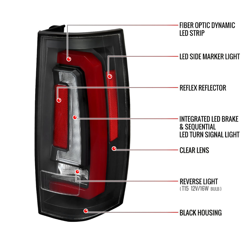 2007-2014 Chevrolet Tahoe/Suburban / 2007-2014 GMC Yukon/Yukon Denali Red LED Sequential Turn Signal Tail Lights  (Matte Black Housing/Clear Lens)
