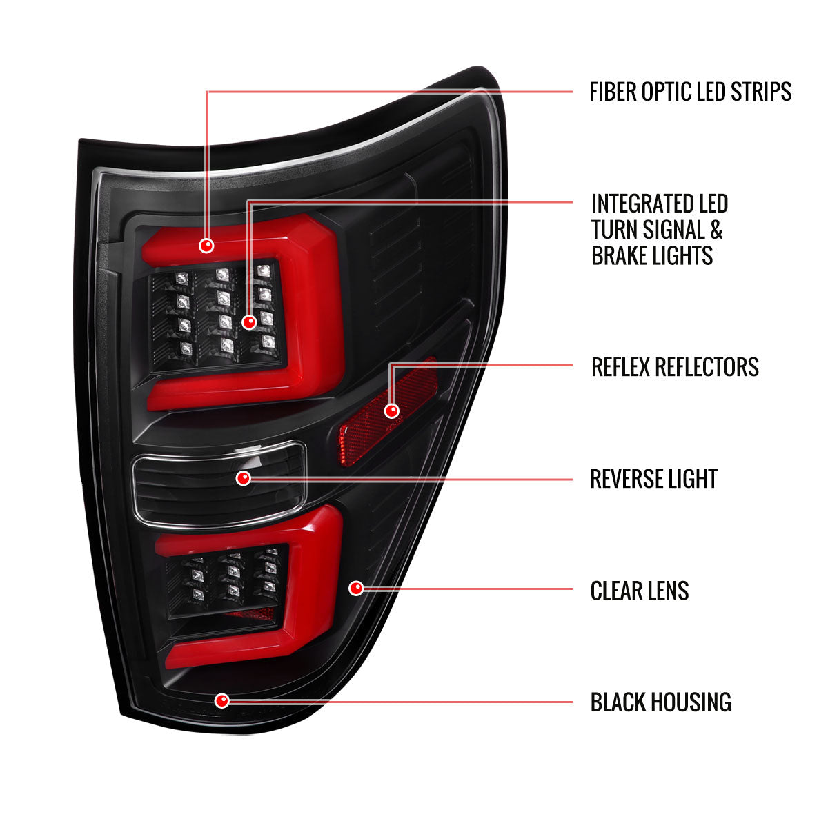 2009-2014 Ford F-150 LED Tail Lights with Red LED Bar (Matte Black Housing/Clear Lens)