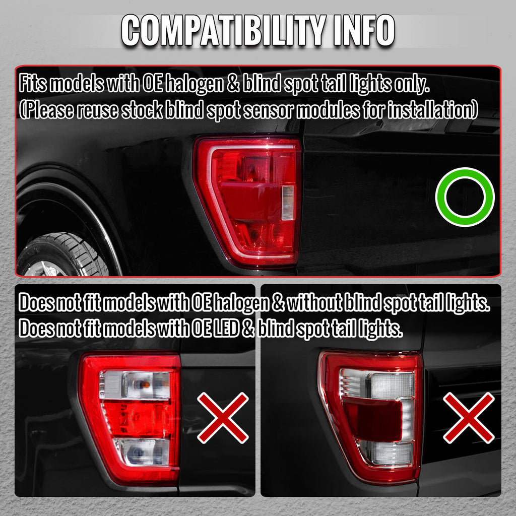 2021-2023 Ford F-150 Full LED Tail Lights with White Light Bar Sequential Turn Signal, Startup Animation & Factory BSM Compatibility (Black Housing / Smoked Lens)