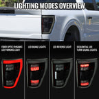 2021-2023 Ford F-150 Full LED Tail Lights with White Light Bar Sequential Turn Signal, Startup Animation & Factory BSM Compatibility (Black Housing / Smoked Lens)