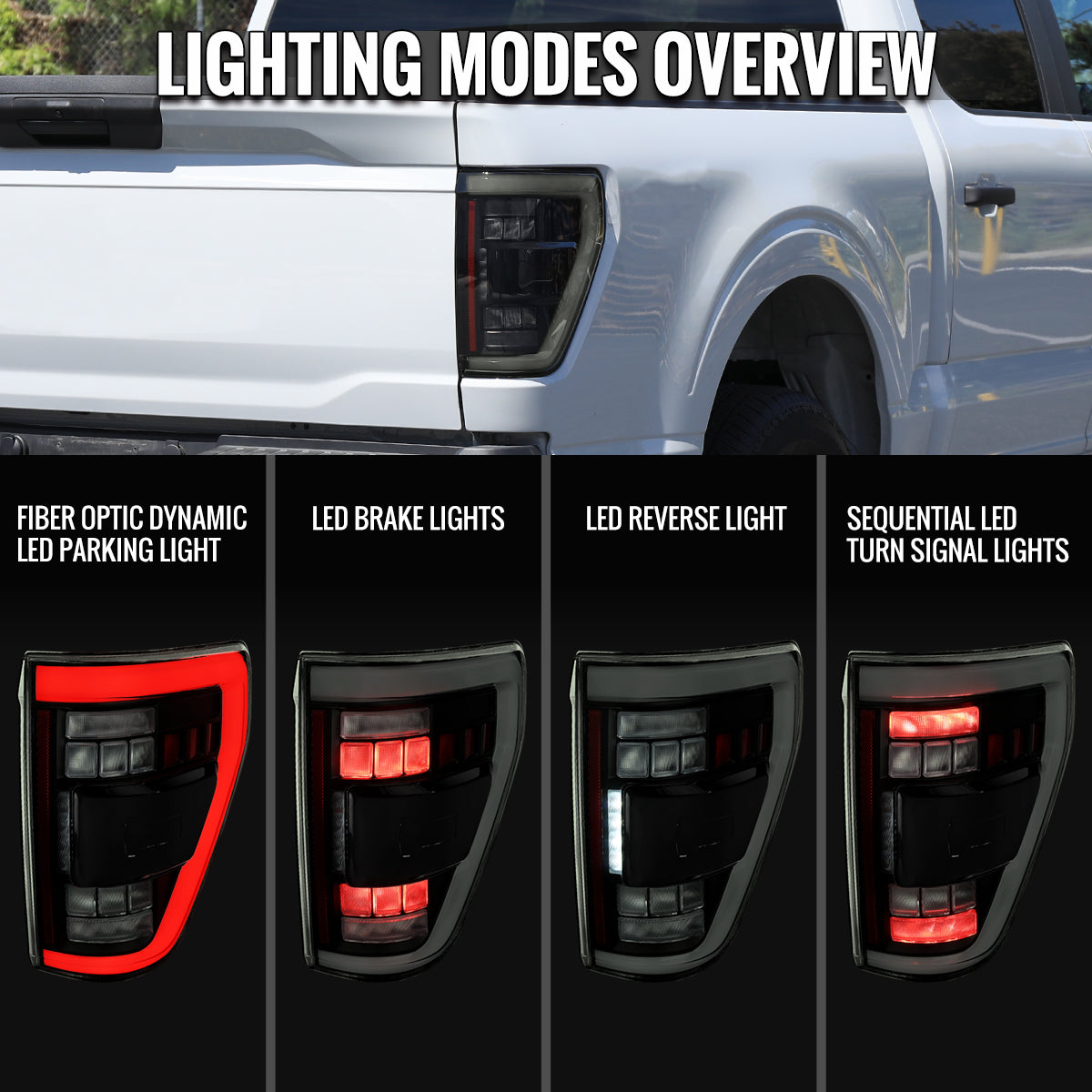 2021-2023 Ford F-150 Full LED Tail Lights with White Light Bar Sequential Turn Signal, Startup Animation & Factory BSM Compatibility (Black Housing / Smoked Lens)