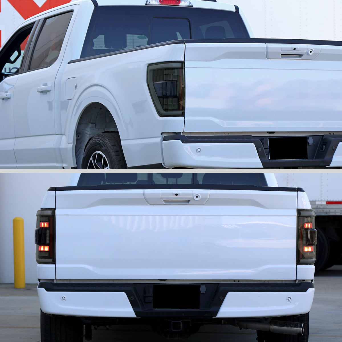 2021-2023 Ford F-150 Full LED Tail Lights with White Light Bar Sequential Turn Signal, Startup Animation & Factory BSM Compatibility (Black Housing / Smoked Lens)