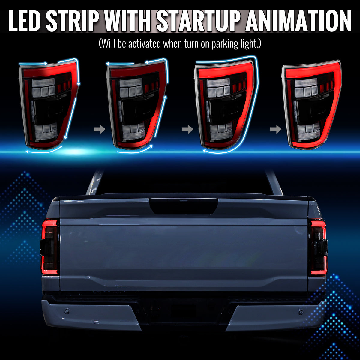 2021-2023 Ford F-150 Full LED Tail Lights with Red Light Bar Sequential Turn Signal, Startup Animation & Factory BSM Compatibility (Glossy Black Housing / Clear Lens)