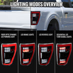 2021-2023 Ford F-150 Full LED Tail Lights with Red Light Bar Sequential Turn Signal, Startup Animation & Factory BSM Compatibility (Glossy Black Housing / Clear Lens)