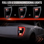 2021-2023 Ford F-150 Full LED Tail Lights with White Light Bar Sequential Turn Signal, Startup Animation & Factory BSM Compatibility (Black Housing / Clear Lens)