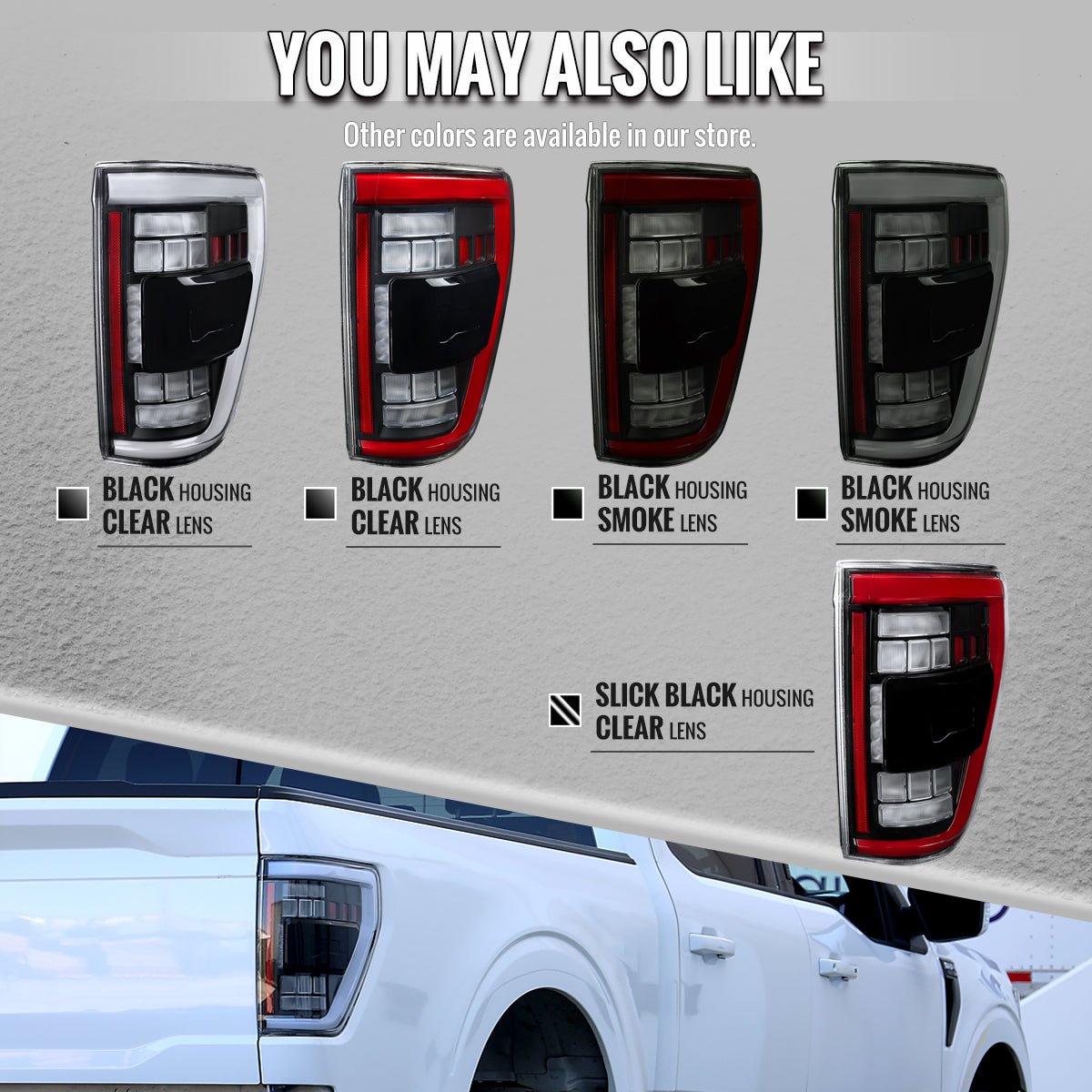2021-2023 Ford F-150 Full LED Tail Lights with White Light Bar Sequential Turn Signal, Startup Animation & Factory BSM Compatibility (Black Housing / Clear Lens)