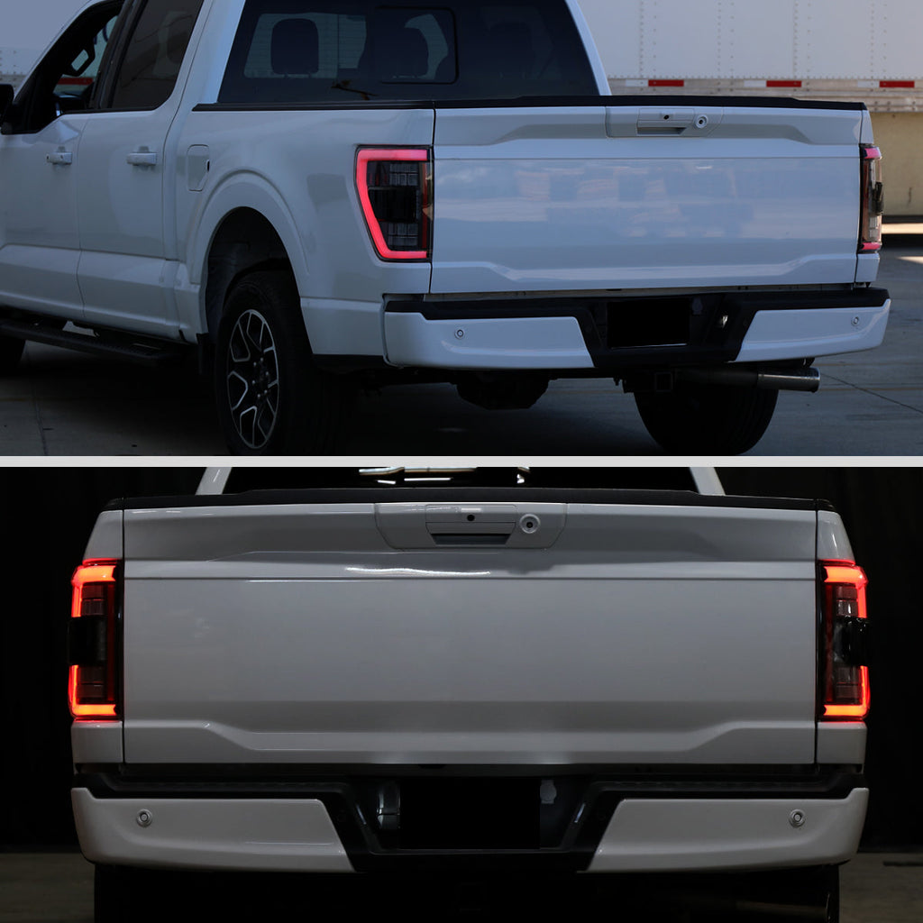 2021-2023 Ford F-150 Full LED Tail Lights with White Light Bar Sequential Turn Signal, Startup Animation & Factory BSM Compatibility (Black Housing / Clear Lens)