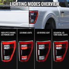 2021-2023 Ford F-150 Full LED Tail Lights with Red Light Bar Sequential Turn Signal, Startup Animation & Factory BSM Compatibility (Matte Black Housing / Clear Lens)