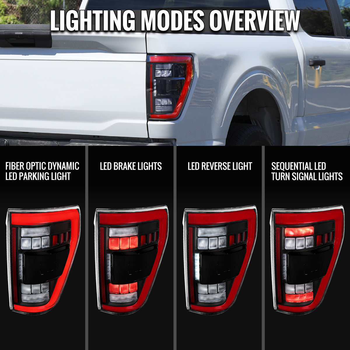 2021-2023 Ford F-150 Full LED Tail Lights with Red Light Bar Sequential Turn Signal, Startup Animation & Factory BSM Compatibility (Matte Black Housing / Clear Lens)