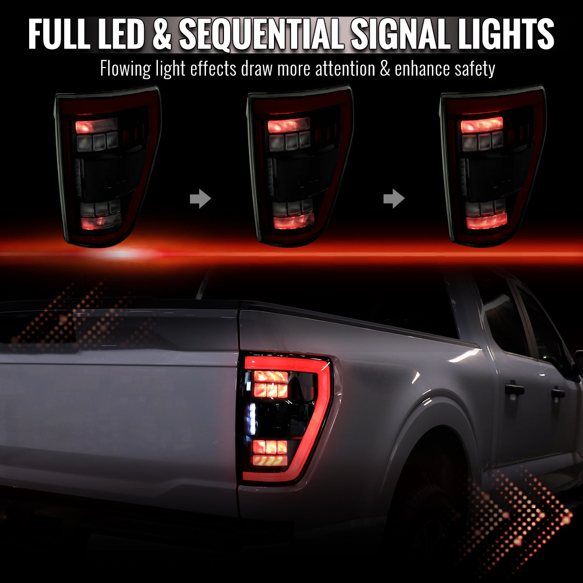 2021-2023 Ford F-150 Full LED Tail Lights with Red Light Bar Sequential Turn Signal, Startup Animation & Factory BSM Compatibility (Black Housing / Smoked Lens)