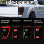 2021-2023 Ford F-150 Full LED Tail Lights with Red Light Bar Sequential Turn Signal, Startup Animation & Factory BSM Compatibility (Black Housing / Smoked Lens)