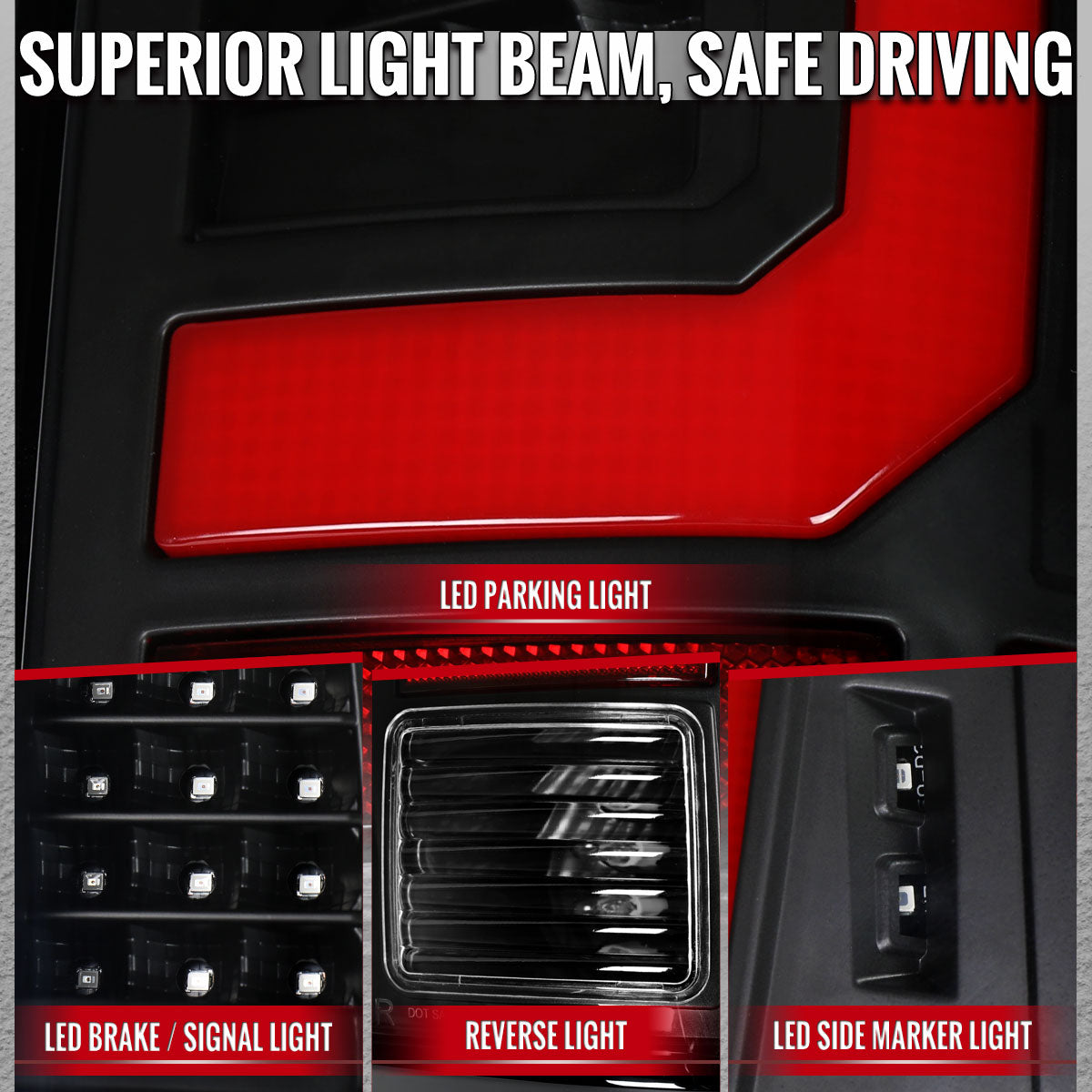 2008-2016 Ford F-250 / F-350 / F-450 / F-550 Super Duty Red LED C-Bar Tail Lights (Black Housing / Clear Lens)