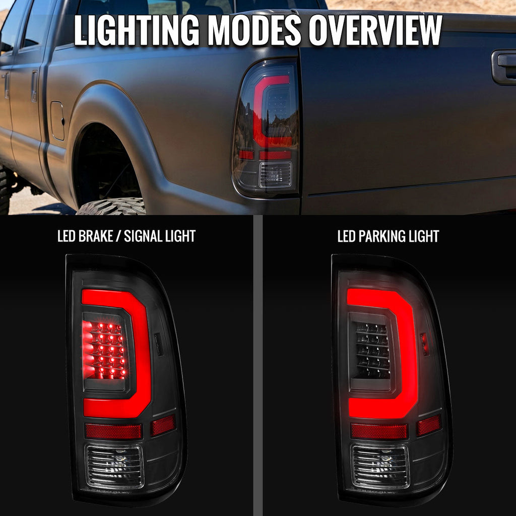 2008-2016 Ford F-250 / F-350 / F-450 / F-550 Super Duty Red LED C-Bar Tail Lights (Black Housing / Clear Lens)