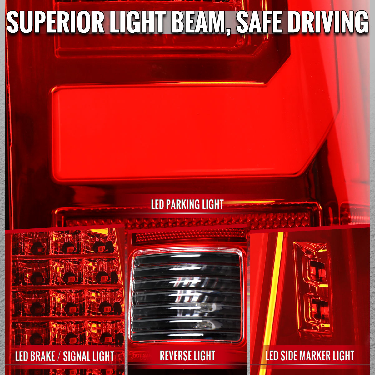2008-2016 Ford F-250 / F-350 / F-450 / F-550 Super Duty LED C-Bar Tail Lights (Chrome Housing / Red Clear Lens)