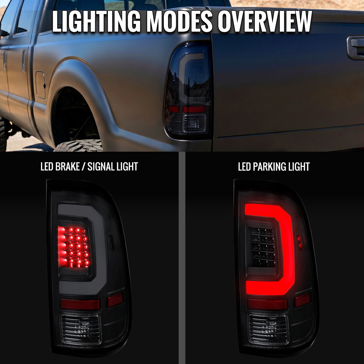 2008-2016 Ford F-250 / F-350 / F-450 / F-550 Super Duty LED C-Bar Tail Lights (Black Housing / Smoked Lens)