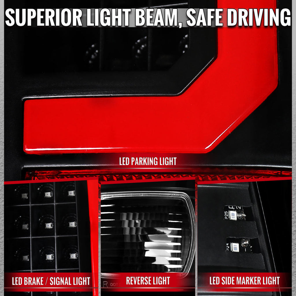 1999-2007 Ford F-250 / F-350 / F-450 / F-550 Super Duty Red LED C-Bar Tail Lights (Black Housing / Clear Lens)