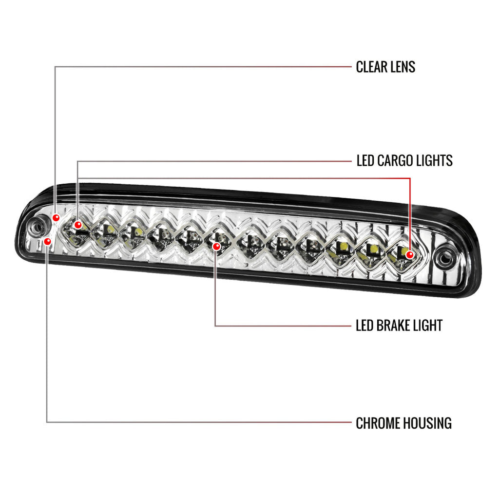 1993-2016 Ford F-250/F-350/F-450/F-550/Ranger Mazda B Series Pickup LED 3rd Brake Tail Light (Chrome Housing/Clear Lens)
