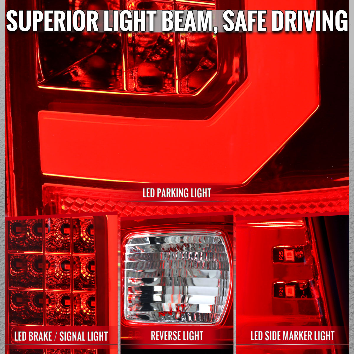 1999-2007 Ford F-250 / F-350 / F-450 / F-550 Super Duty LED C-Bar Tail Lights (Chrome Housing / Red Clear Lens)