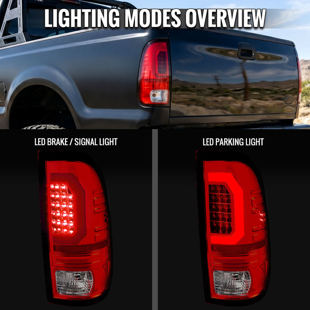 1999-2007 Ford F-250 / F-350 / F-450 / F-550 Super Duty LED C-Bar Tail Lights (Chrome Housing / Red Clear Lens)