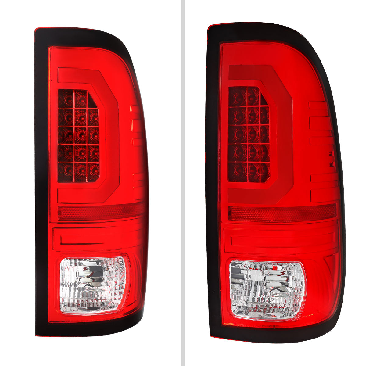 1999-2007 Ford F-250 / F-350 / F-450 / F-550 Super Duty LED C-Bar Tail Lights (Chrome Housing / Red Clear Lens)