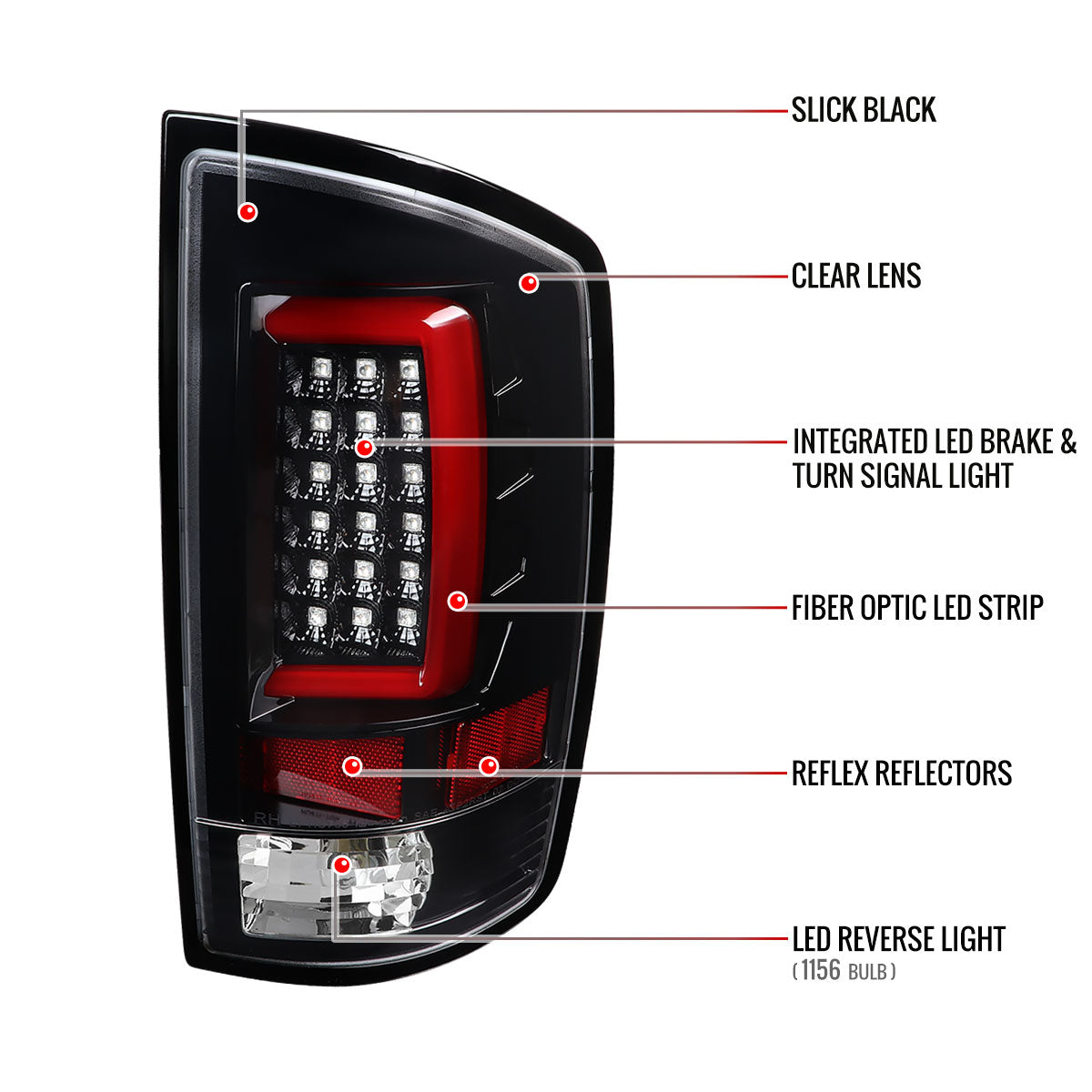 2007-2009 Dodge RAM 1500/2500/3500 Red C-Bar LED Tail Lights (Jet Black Housing/Clear Lens)