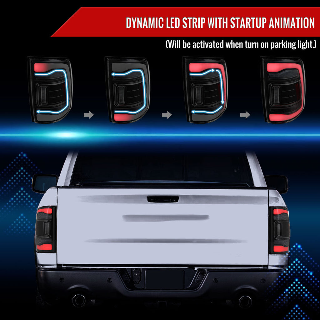 2013-2018 RAM 1500/2500/3500 Sequential Signal LED Tail Lights (Black Housing/Smoked Lens)