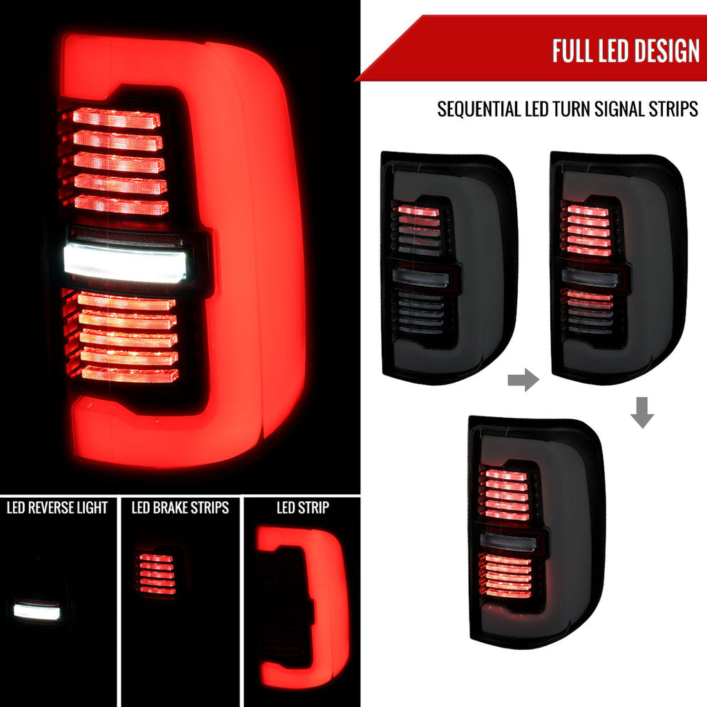 2019-2024 Dodge RAM 1500 Tail Light w/ Sequential Turn Signal LED Strip and LED Side Marker Brake Reverse (Glossy Black Housing / Smoked Lens)