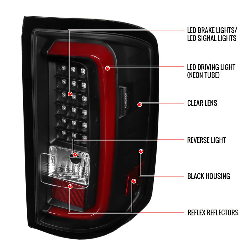 2014-2018 GMC Sierra 1500/2500HD/3500HD Red Bar LED Tail Lights (Black Housing/Clear Lens)