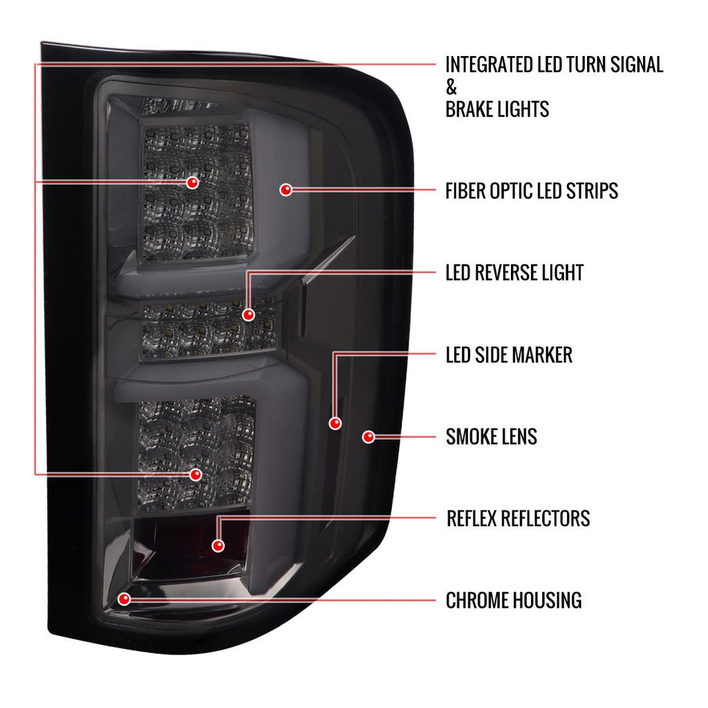 2007-2013 Chevrolet Silverado 1500/ 2007-2014 Silverado 2500HD/3500HD LED Tail Lights with White LED Bar (Chrome Housing/Smoked Lens)