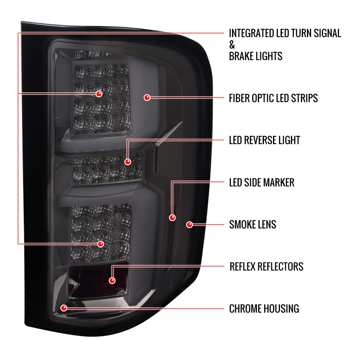 2007-2013 Chevrolet Silverado 1500/ 2007-2014 Silverado 2500HD/3500HD LED Tail Lights with White LED Bar (Chrome Housing/Smoked Lens)