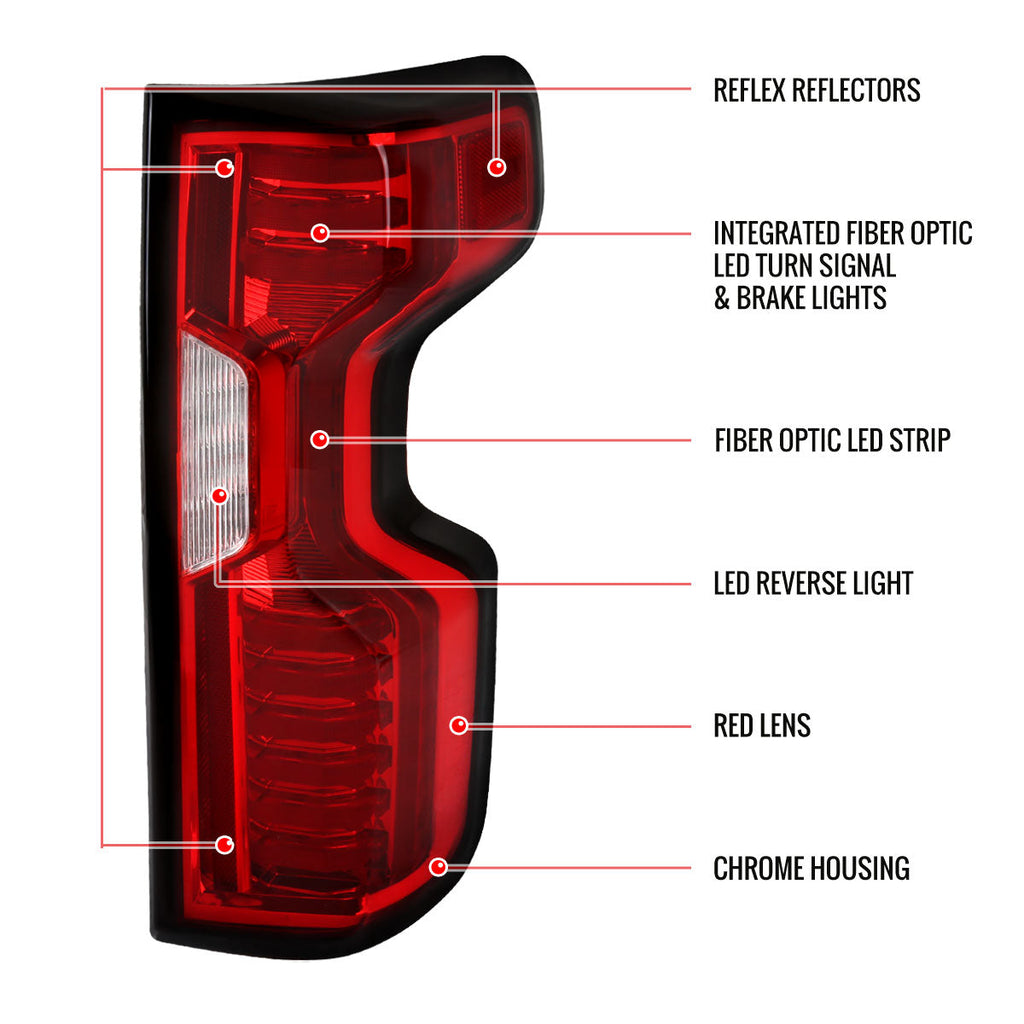 2019-2026 Chevrolet Silverado 1500 / 2020-2023 Silverado 2500HD/3500HD LED Tail Lights (Chrome Housing/Red Lens)