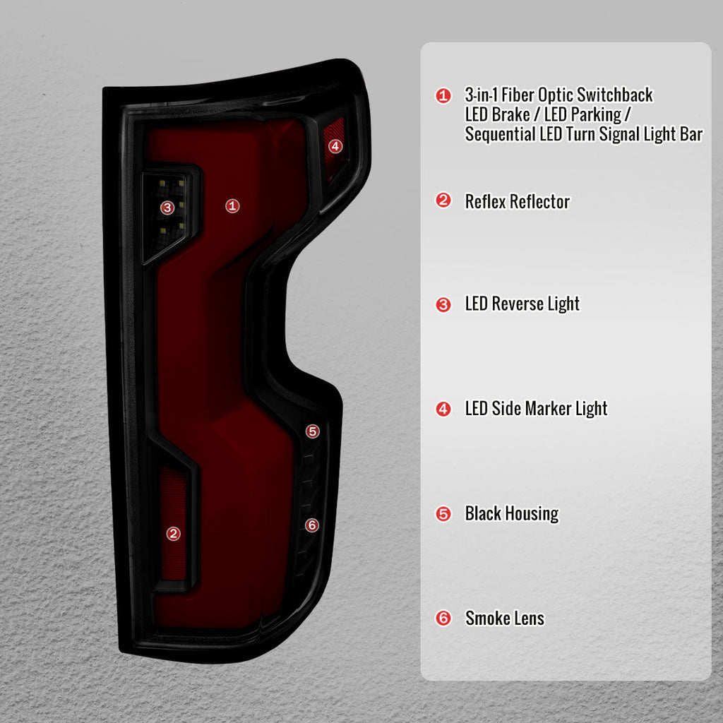 2019-2026 Chevrolet Silverado 1500 / 2020-2023 Silverado 2500HD/3500HD Full LED Switchback Sequential Tail Lights (Black Housing / Smoked Lens)