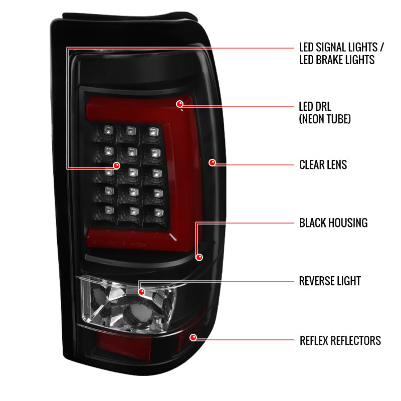 1999-2002 Chevrolet Silverado/ 1999-2006 GMC Sierra Red Bar LED Tail Lights - G2 (Black Housing/Clear Lens)