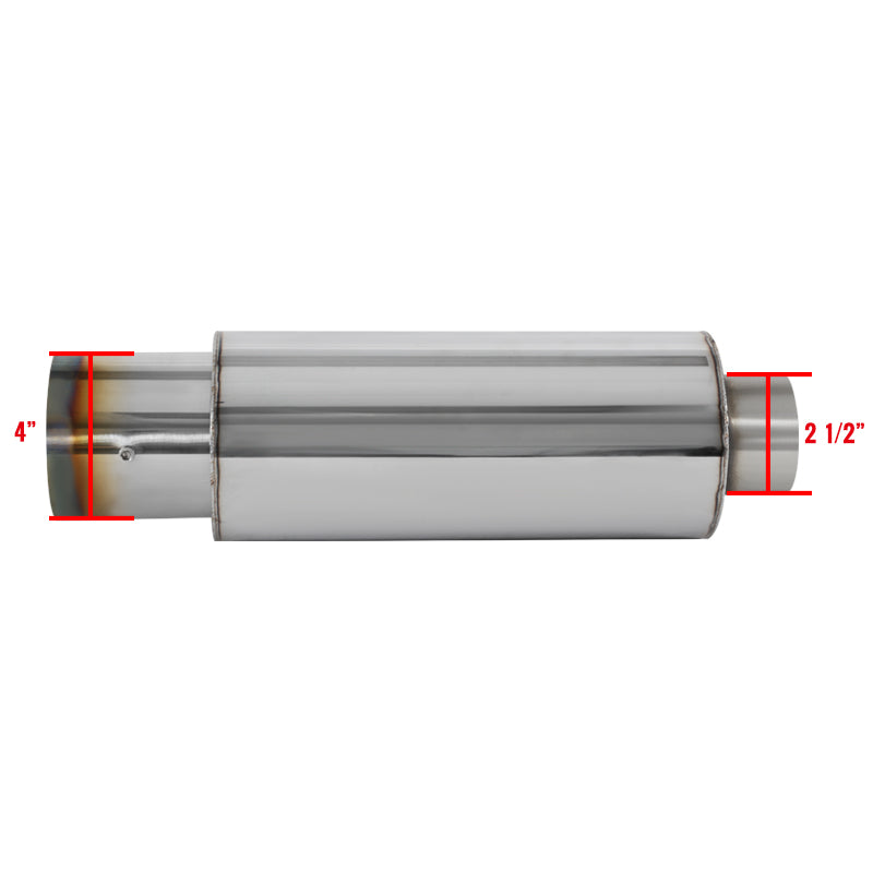 Universal 2.5" Inlet/4" Outlet Stainless Steel Spiral Flow Exhaust Muffler w/ Burnt Tip