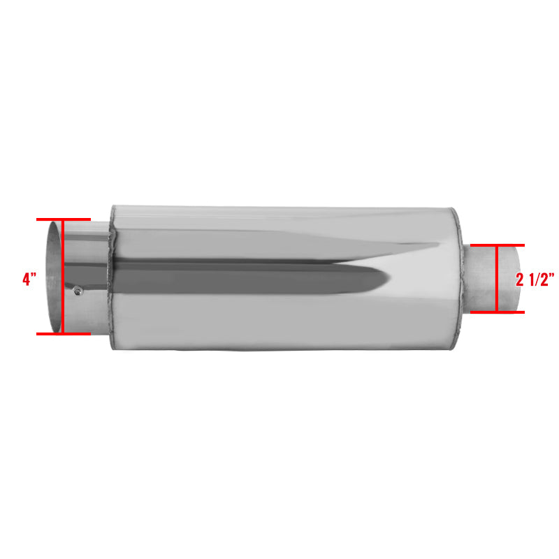 Universal 2.5" Inlet/4" Outlet Stainless Steel Spiral Flow Exhaust Muffler w/ Slanted Tip